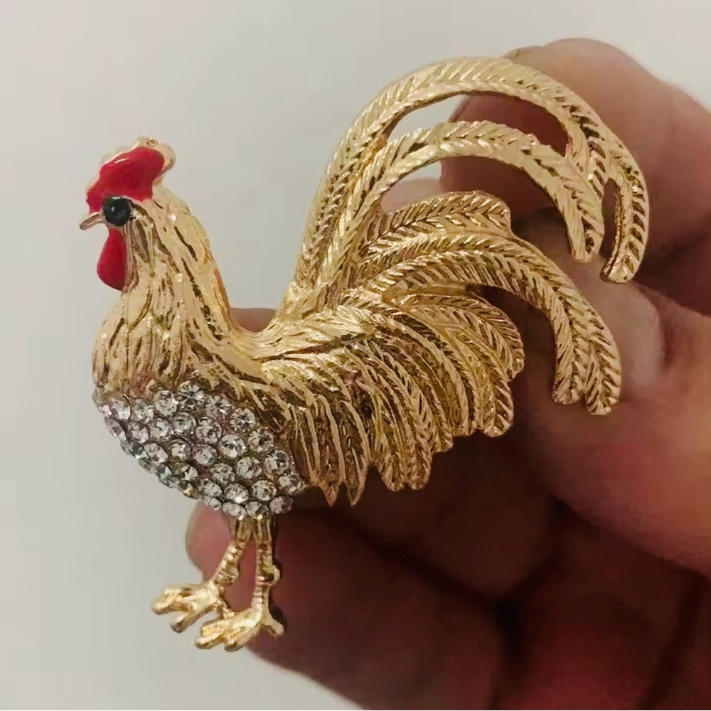 Gold Rooster Brooch with Red and Silver Accents